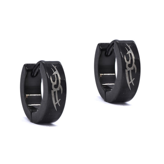 Stainless steel black tribal detail huggie earrings - SSYE4053