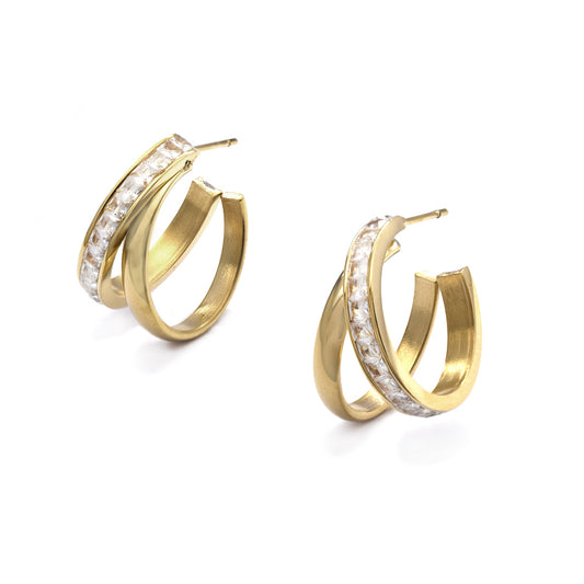 Stainless steel double hoop with crystal earring - SSYE4080
