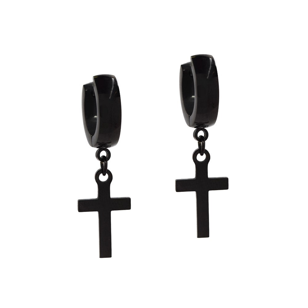 Stainless steel cross hanging from domed huggie earring - SSYE4220