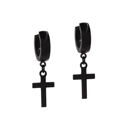 Stainless steel cross hanging from domed huggie earring - SSYE4220