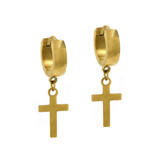 Stainless steel cross hanging from domed huggie earring - SSYE4220