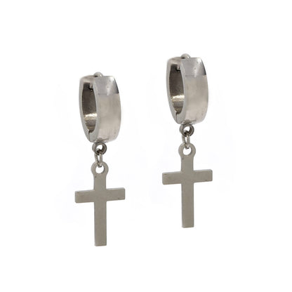 Stainless steel cross hanging from domed huggie earring - SSYE4220