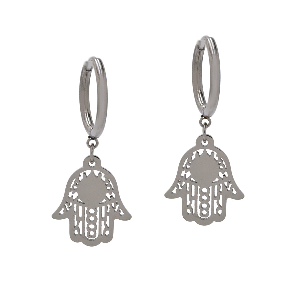 Silver Stainless steel Hamsa on hinged hoop earring - SSYE4294