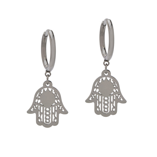 Silver Stainless steel Hamsa on hinged hoop earring - SSYE4294