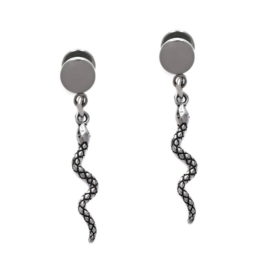 Stainless steel dumbbell with dangling oxidized snake earrings - SSYE4473