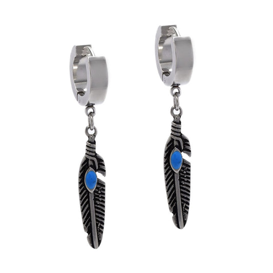 Stainless steel huggie with turquoise oxidized feather earrings - SSYE4476