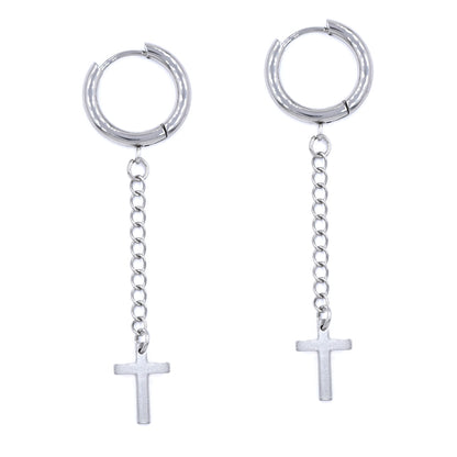 Stainless steel cross on chain huggie earring - SSYE4672
