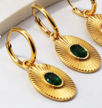 Stainless steel hoops with oval disc and stone - SSYE4910