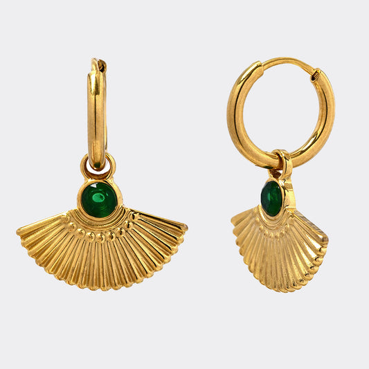 Stainless steel fan drop with emerald cubic zirconia Diameter: 14 x 2mm Length: 2.8cm - SSYE4988