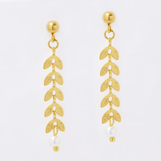 Stainless steel leaf drop with pearl - SSYE4989