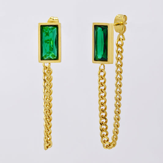 Stainless steel gold plated chain earrings with emerald green baguettes - SSYE5013