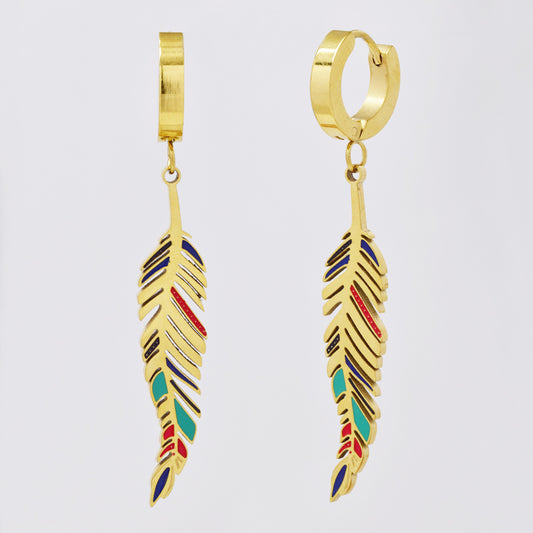Stainless steel gold huggies with feather earring - SSYE5027