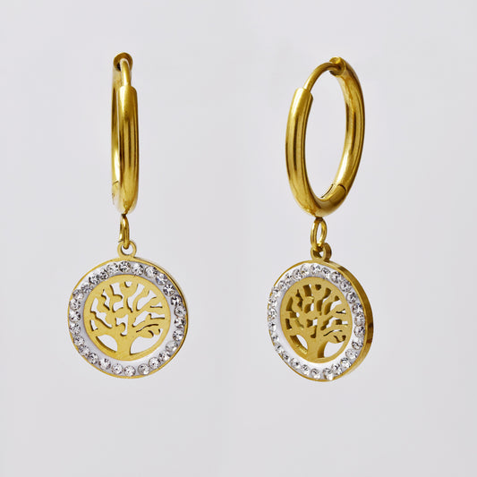 Stainless steel gold hoop with tree of life earring - SSYE5028