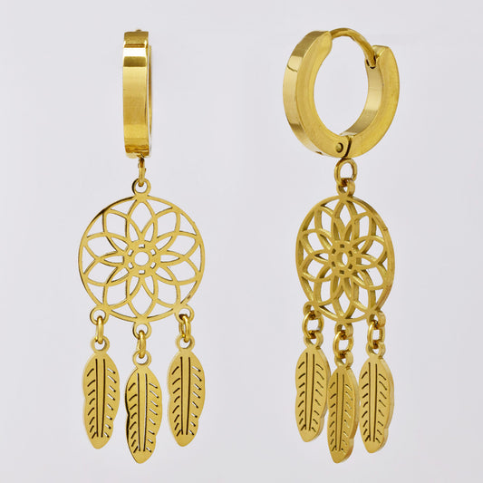 Stainless steel gold dreamcatcher drop huggies - SSYE5031