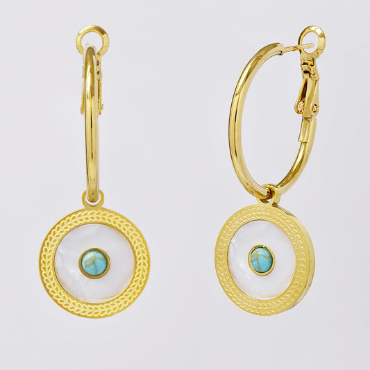 Stainless steel gold hoop with Mother of Pearl and turquoise stone earring - SSYE5032