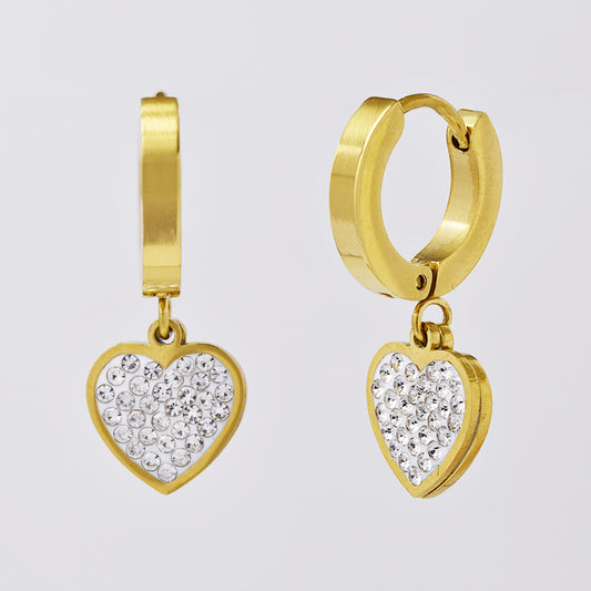 Stainless steel gold hoop with encrusted heart earring - SSYE5034