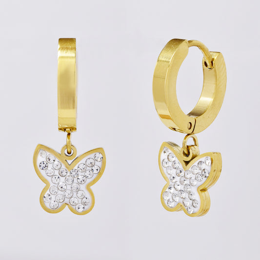 Stainless steel gold huggie with encrusted butterfly earring - SSYE5035