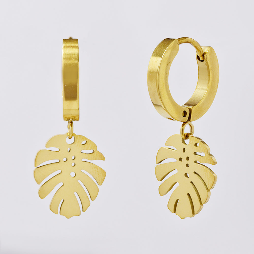Stainless steel gold huggie with monsteria leaf earring - SSYE5036