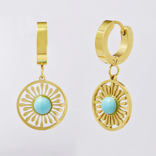 Stainless steel gold bohemian huggie with cut out flower and turquoise stone earring - SSYE5039