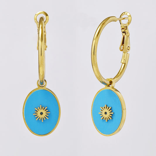 Stainless steel gold hoop with round turquoise disc earring - SSYE5040