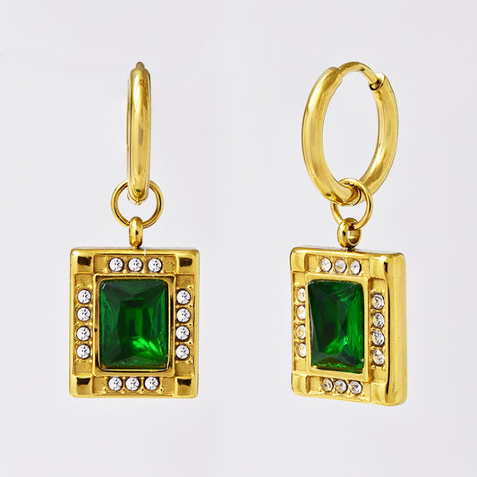 Stainless steel hoops with green stone drop - SSYE5109