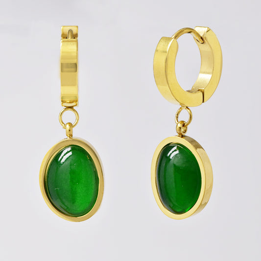 Stainless steel huggies with green oval drops - SSYE5113