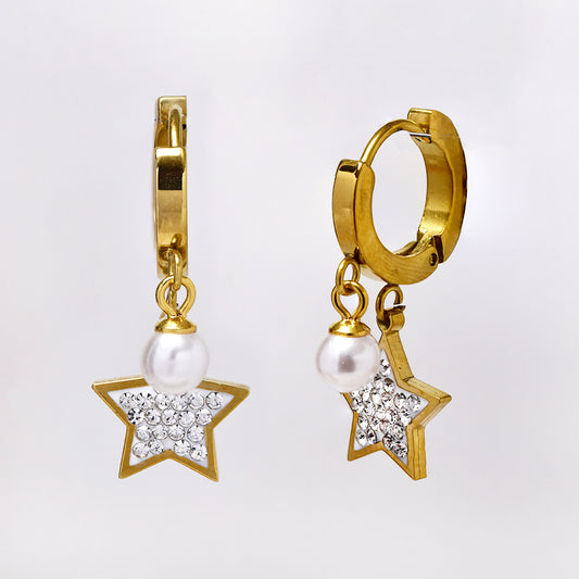 Stainless steel CZ star and pearl charm huggie earrings - SSYE5134