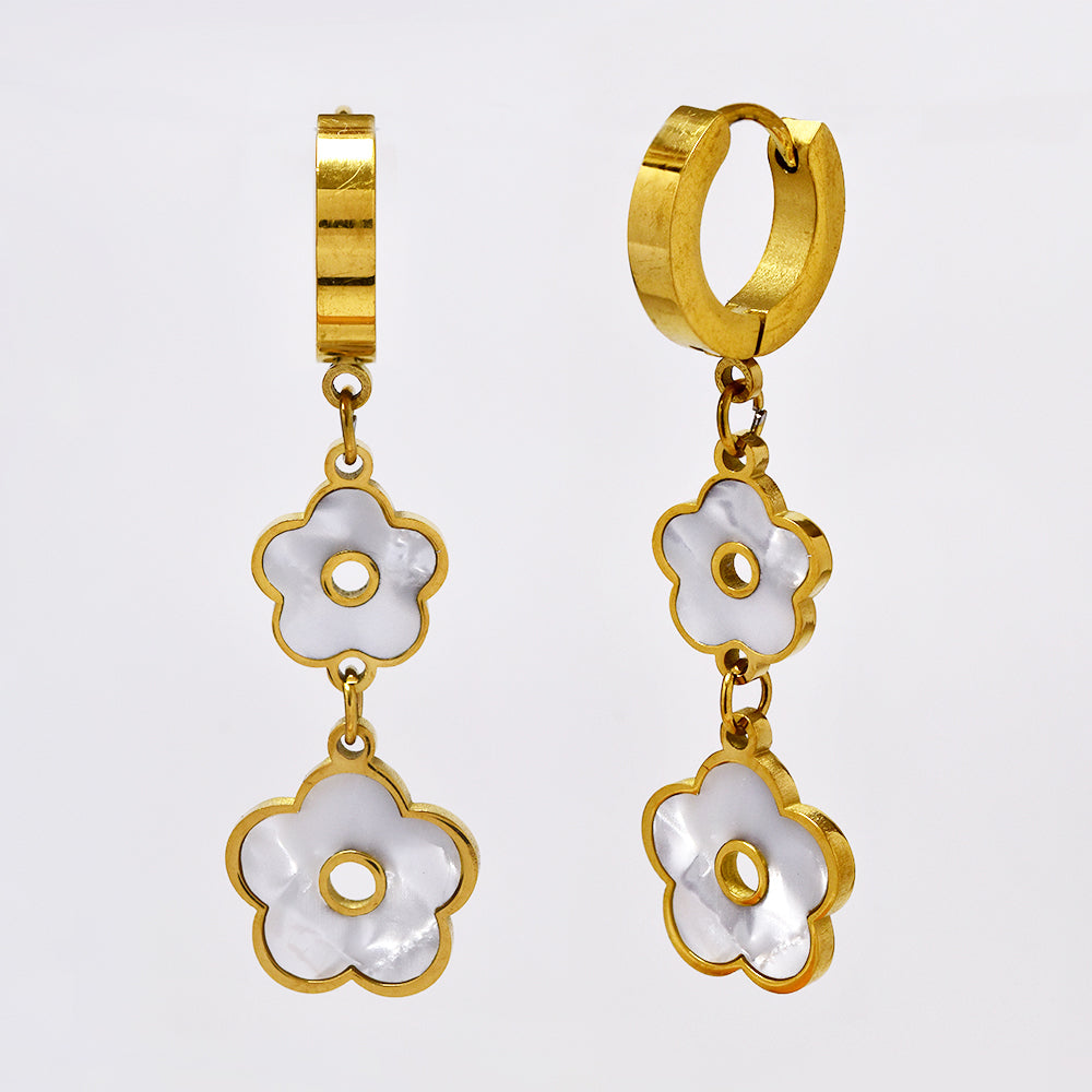 Stainless steel long drop mother of pearl flower earrings - SSYE5135