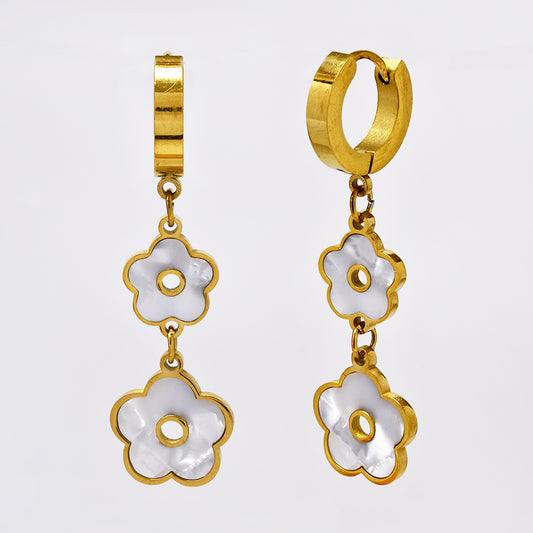 Stainless steel long drop mother of pearl flower earrings - SSYE5135