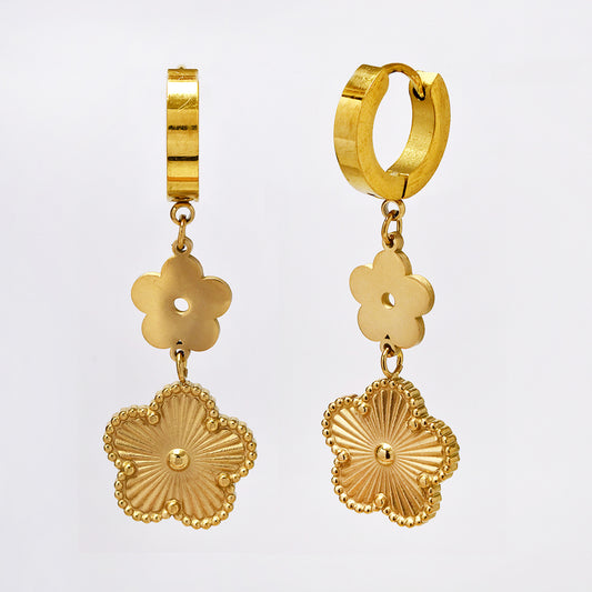 Stainless steel long drop line textured flower earrings - SSYE5136