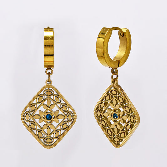 Stainless steel cutout leaf lattice pattern drop earring with blue CZ stone - SSYE5138