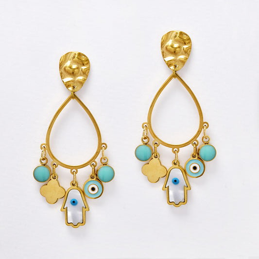 Stainless steel teardrop cutout with Hamsa evil eye charms earrings - SSYE5141