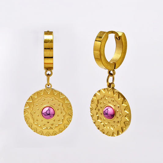 Stainless steel sun pattern disc with pink marble stone drop earrings - SSYE5142