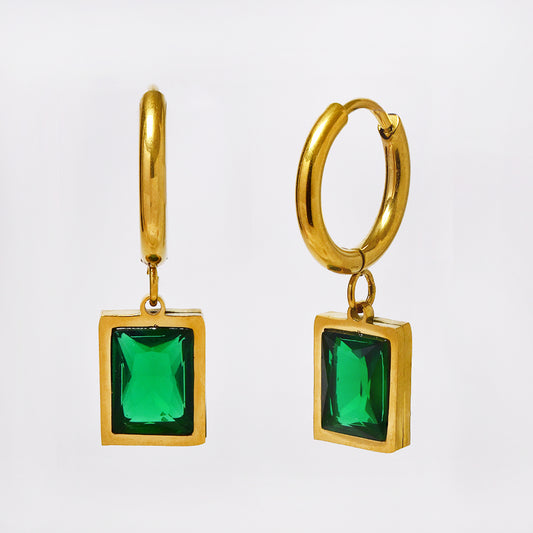 Stainless steel green cubic zirconia drop earrings