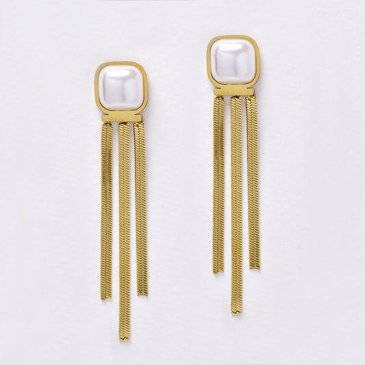 Stainless steel herringbone strand pearl long drop earring - SSYE5145