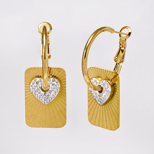 Stainless steel cubic zirconia heart and line rectangle statement earrings - SSYE5150