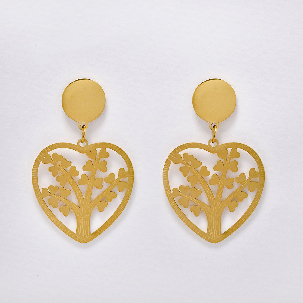 Stainless steel gold heart tree of life earring