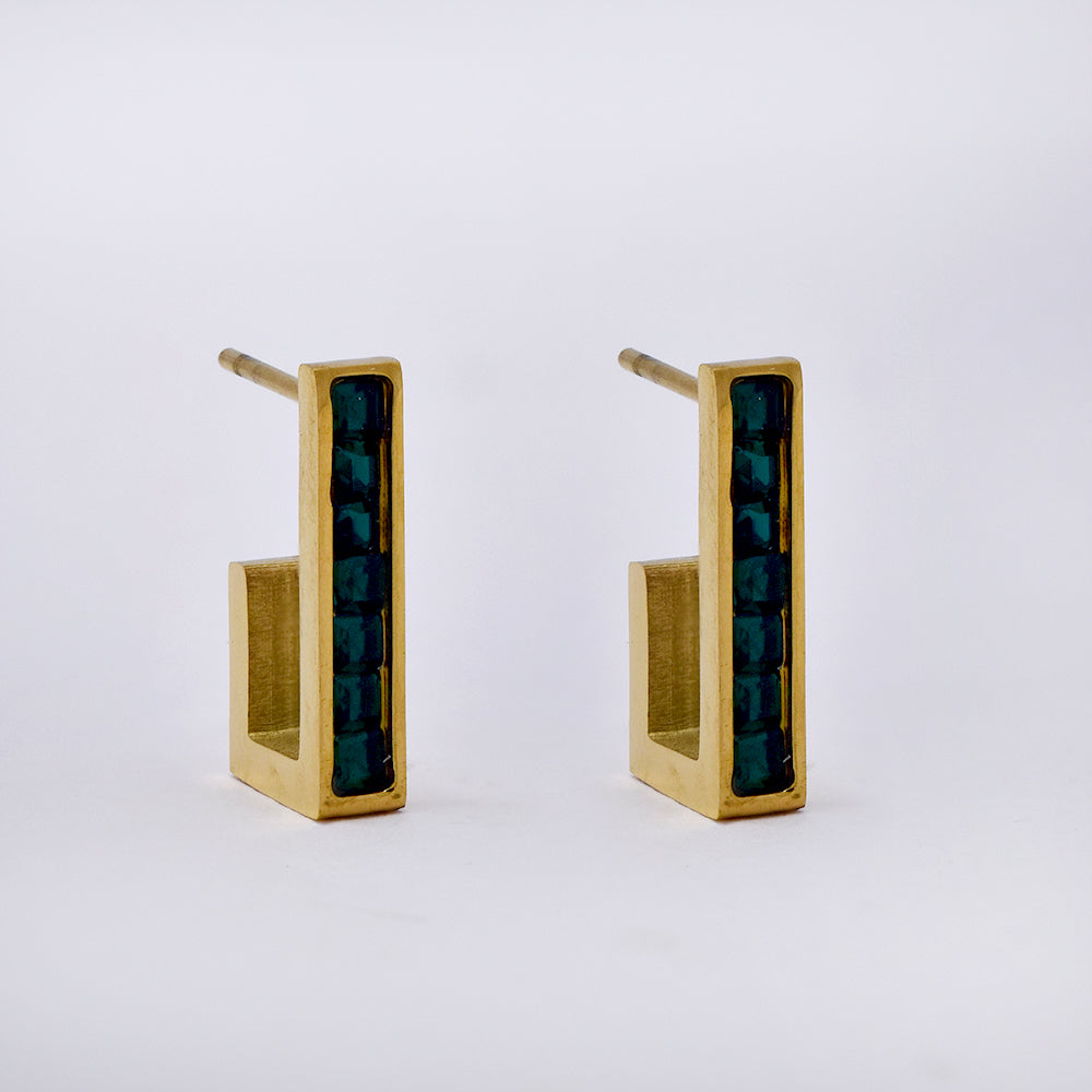 Stainless steel gold and green cubic zirconia huggie earrings