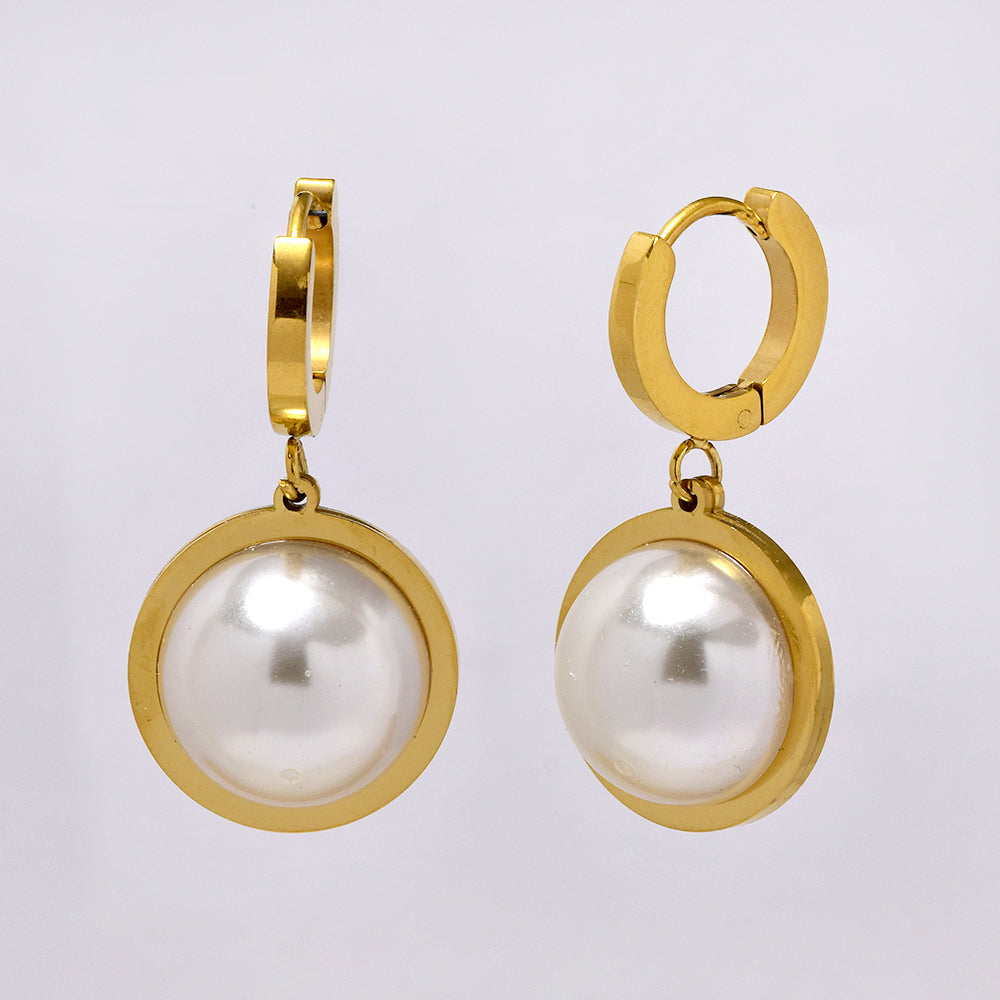 Stainless steel gold round pearl earring