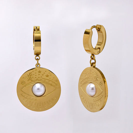 Stainless steel gold evil eye pearl earring - SSYE5206