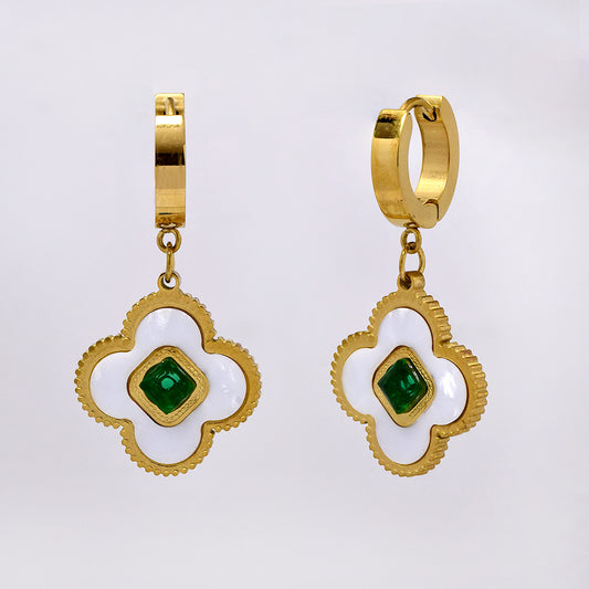 Stainless steel gold flower shell and green cubic zirconia earring - SSYE5211