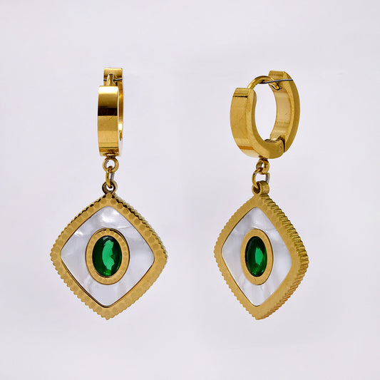 Stainless steel gold geometric shell and green cubic zirconia earring - SSYE5212