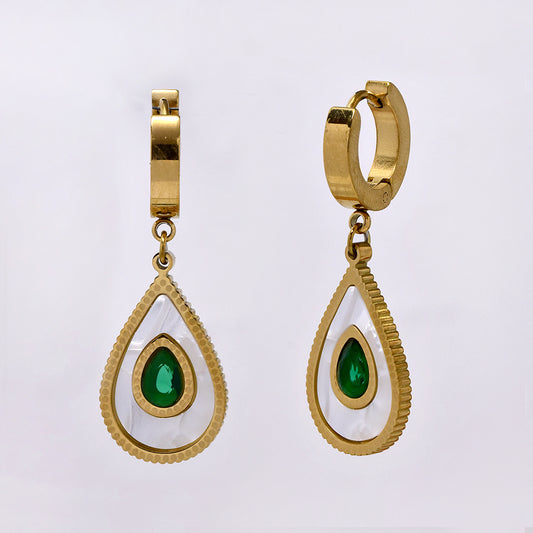 Stainless steel gold teardrop shell and green cubic zirconia earring - SSYE5214