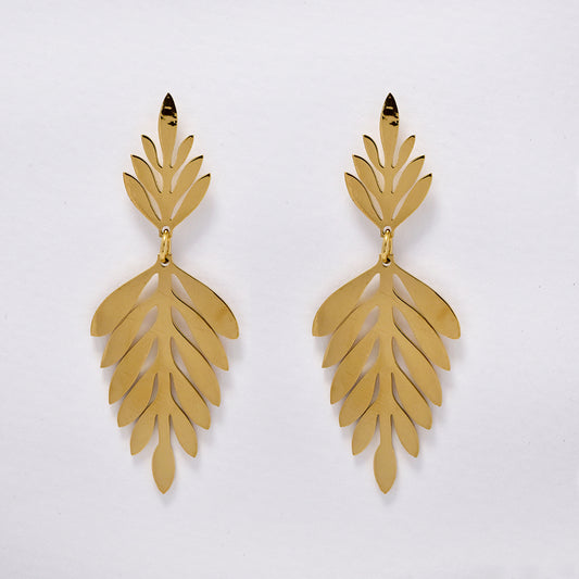 Stainless steel gold double leaf earring