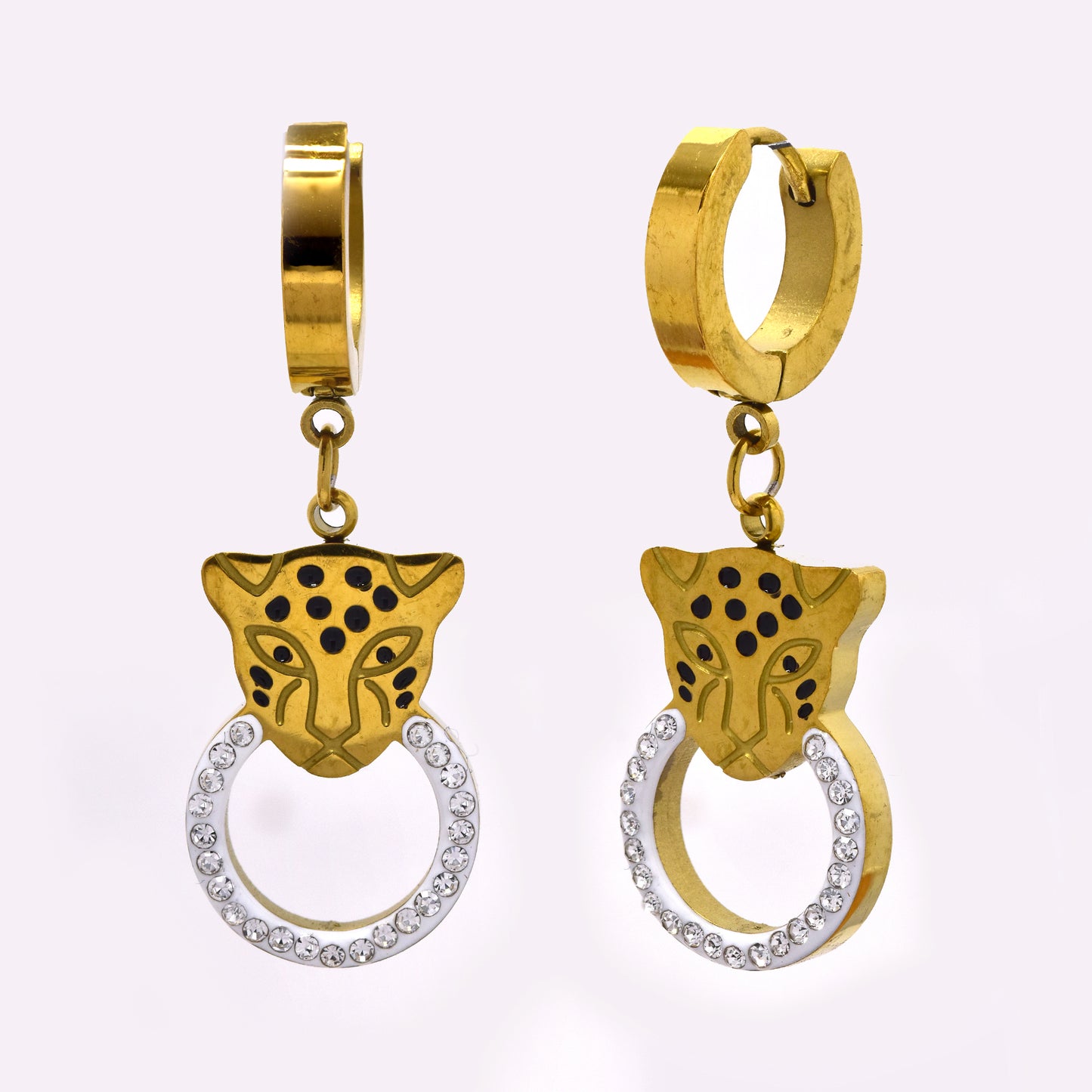 Stainless steel huggie with cutout crystal adorned circle and tiger's head - SSYE5232
