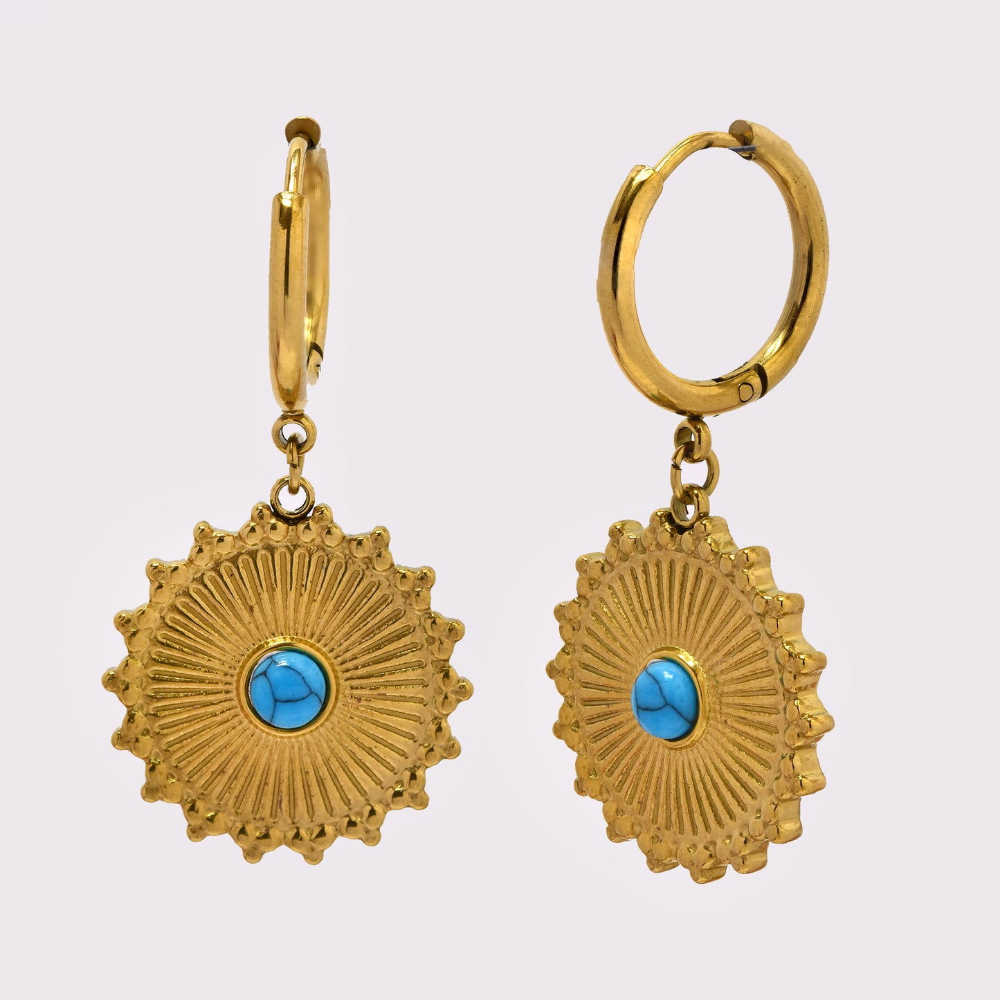 Stainless steel 16x2mm hoop with round boho disk and turquoise stone - SSYE5240