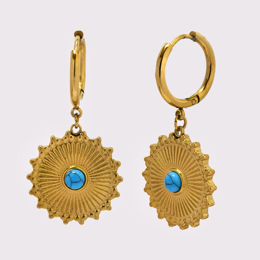 Stainless steel 16x2mm hoop with round boho disk and turquoise stone - SSYE5240