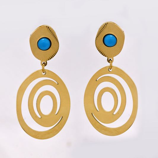 Stainless steel organic circle and cutout disk drop studs with turquoise stone - SSYE5241