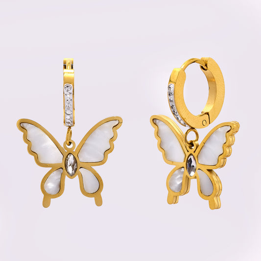 Stainless steel 13x2mm drop earring with crystals and shell butterfly - SSYE5244