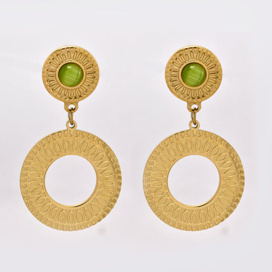 Stainless steel double circle disk stud earring with light green stone - SSYE5246